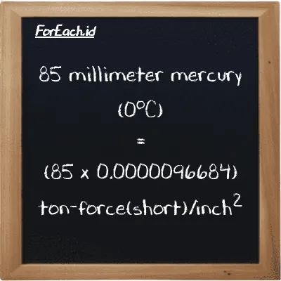 How to convert millimeter mercury (0<sup>o</sup>C) to ton-force(short)/inch<sup>2</sup>: 85 millimeter mercury (0<sup>o</sup>C) (mmHg) is equivalent to 85 times 0.0000096684 ton-force(short)/inch<sup>2</sup> (tf/in<sup>2</sup>)